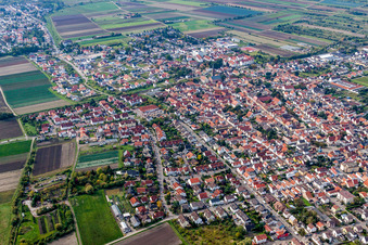 Schrägluftbild von Ortsansicht der Straßen und Häuser der Wohngebiete in Lambsheim im Bundesland Rheinland-Pfalz, Deutschland