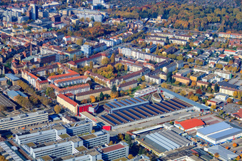 Straßenbahndepot Ost des KVV an der Gerwigstr im Ortsteil Oststadt in Karlsruhe im Bundesland Baden-Württemberg, Deutschland