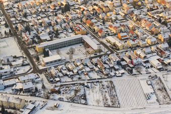 Luftaufnahme von Lina Sommer Grundschule im Winter bei Schnee in Jockgrim im Bundesland Rheinland-Pfalz, Deutschland