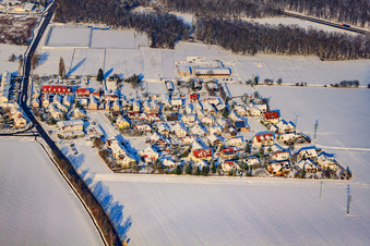 Luftbild von Römerstraße im Winter bei Schnee im Ortsteil Minderslachen in Kandel im Bundesland Rheinland-Pfalz, Deutschland