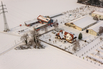 Schrägluftbild von Schoßberghof im Winter bei Schnee in Minfeld im Bundesland Rheinland-Pfalz, Deutschland