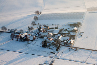 Winterlich schneebedeckte Drehbare Photovoltaikanlage auf einem Stall im Ortsteil Deutschhof in Kapellen-Drusweiler im Bundesland Rheinland-Pfalz, Deutschland
