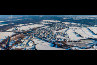 Dorfansicht bei Schnee im Winter aus Westen in Neuburg am Rhein im Bundesland Rheinland-Pfalz, Deutschland von oben