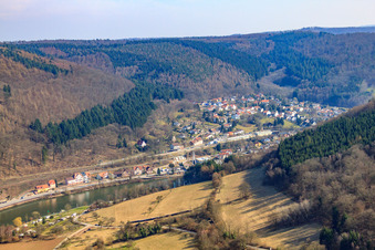 Dorf am Neckar von Westen in Zwingenberg im Bundesland Baden-Württemberg, Deutschland