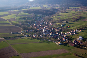 Luftbild von Dorf - Ansicht am Rande von landwirtschaftlichen Feldern und Nutzflächen in Drachenbronn-Birlenbach in Grand Est im Bundesland Bas-Rhin, Frankreich