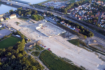 Luftbild von Fachmarktzentrum Maximiliancenter in Wörth-Maximiliansau, Baustelle Globus in Wörth am Rhein im Bundesland Rheinland-Pfalz, Deutschland