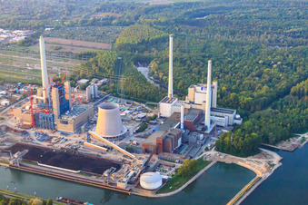 Luftaufnahme von Baustelle zur Erweiterung des Rheinhafen-Dampfkraftwerk Karlsruhe der EnBW Energie Baden-Württemberg AG im Ortsteil Daxlanden, Deutschland