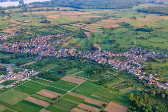 Dorfansicht in den Rheinauen von Süden in Steinmauern im Bundesland Baden-Württemberg, Deutschland