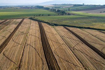 Luftbild von Abgeerntete Kornfeld-Strukturen Landschaft auf einem Getreidefeld in Anatraia in Castiglion Fiorentino im Bundesland Arezzo, Italien