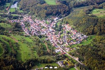 Luftbild von Dorf im Pfälzerwald von Osten in Silz im Bundesland Rheinland-Pfalz, Deutschland