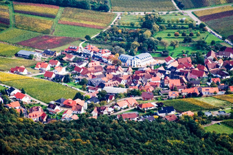 Winzerdorf am Rand des Pfälzerwalds von Nordwesten im Ortsteil Gleiszellen in Gleiszellen-Gleishorbach im Bundesland Rheinland-Pfalz, Deutschland