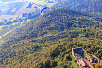 Paragleiter über der Madenburg in Eschbach im Bundesland Rheinland-Pfalz, Deutschland aus der Luft
