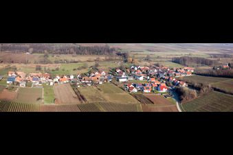 Panorama - Perspektive der Dorf - Ansicht am Rande von landwirtschaftlichen Feldern und Nutzflächen in Hergersweiler im Bundesland Rheinland-Pfalz, Deutschland