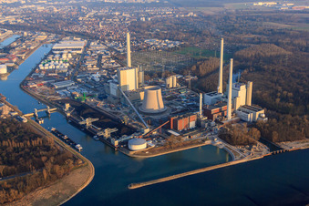 Neubau am Rheinhafen Dampfkraftwerk der ENBW im Ortsteil Daxlanden in Karlsruhe im Bundesland Baden-Württemberg, Deutschland von oben