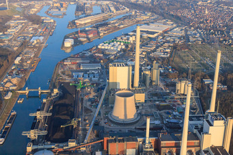 Neubau am Rheinhafen Dampfkraftwerk der ENBW im Ortsteil Daxlanden in Karlsruhe im Bundesland Baden-Württemberg, Deutschland aus der Drohnenperspektive