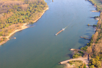 Luftbild von Frachtschiff auf dem Rhein an der NATO-Rampe Ludwigshöhe im Bundesland Rheinland-Pfalz, Deutschland