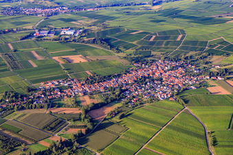 Winzerort von Südwesten in Göcklingen im Bundesland Rheinland-Pfalz, Deutschland
