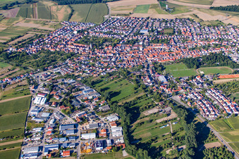 Luftbild von Ortsansicht der Straßen und Häuser der Wohngebiete im Ortsteil Liedolsheim in Dettenheim im Bundesland Baden-Württemberg, Deutschland