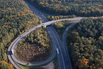 Streckenführung und Fahrspuren im Verlauf der Autobahn- Abfahrt und Zufahrt der BAB A65 nach Kandel Süd und Straßbourg in Kandel im Bundesland Rheinland-Pfalz, Deutschland