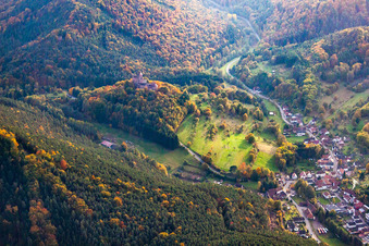 Erlenbach bei Dahn, Burg Berwartstein im Bundesland Rheinland-Pfalz, Deutschland aus der Vogelperspektive