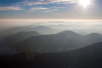 Wald und Berglandschaft Pfälzerwald im Abendlicht in Leinsweiler im Bundesland Rheinland-Pfalz, Deutschland