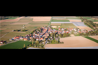 Panorama Perspektive Dorf - Ansicht am Rande von landwirtschaftlichen Feldern und Nutzflächen in Kleinfischlingen im Bundesland Rheinland-Pfalz, Deutschland