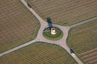 Felder einer Weinbergs- Landschaft der Winzer- Gebiete mit Sandsteinturm - Winzerturm in Hochstadt (Pfalz) im Ortsteil Niederhochstadt im Bundesland Rheinland-Pfalz, Deutschland