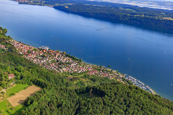 Luftaufnahme von Stadt am Ufer des Überlinger Sees von Nordwesten in Sipplingen im Bundesland Baden-Württemberg, Deutschland