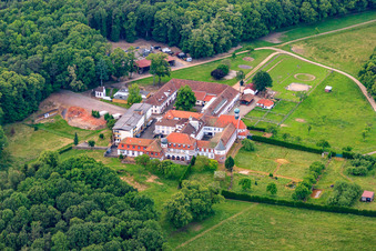 Schrägluftbild von Pferdepension im Kloster Liebfrauenberg in Bad Bergzabern im Bundesland Rheinland-Pfalz, Deutschland