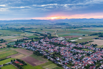 Dorf - Ansicht bei Sonnenuntergang am Rande von Feldern in Minfeld im Bundesland Rheinland-Pfalz, Deutschland