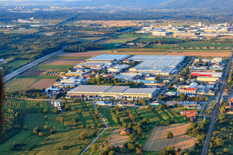 Industriegebiet Heinkelstraße mit IHLE tires GmbH - Reifengroßhandel, Prologis Germany Management GmbH und Rhenus Logistics in Muggensturm im Bundesland Baden-Württemberg, Deutschland