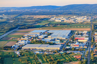 Luftbild von Industriegebiet Heinkelstraße mit IHLE tires GmbH - Reifengroßhandel, Prologis Germany Management GmbH und Rhenus Logistics in Muggensturm im Bundesland Baden-Württemberg, Deutschland