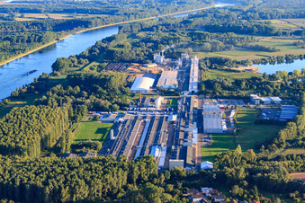 Luftbild von Industriegebiet am Rheinufer mit Rheinspan GmbH & Co. KG, Zimmerei Knaus - Johann Knaus & Viktor Knaus GbR und Express Möbel GmbH & Co. KG in Germersheim im Bundesland Rheinland-Pfalz, Deutschland