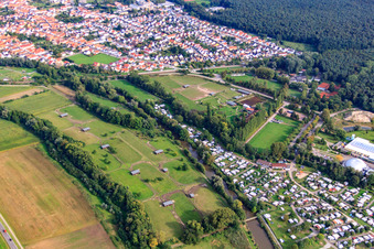 Luftaufnahme von Straussenfarm Mhou am Freitzeitzentrum in Rülzheim im Bundesland Rheinland-Pfalz, Deutschland