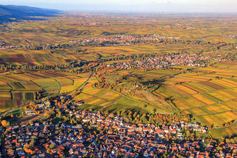 Naturschutzgebiet kleine Kalmit über dem Winzerdorf in Ilbesheim bei Landau im Bundesland Rheinland-Pfalz, Deutschland von oben gesehen