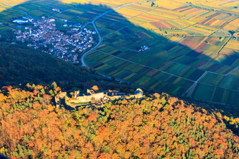 Burgruine Madenburg im herblist gefärbtem Wald in Eschbach im Bundesland Rheinland-Pfalz, Deutschland von oben gesehen