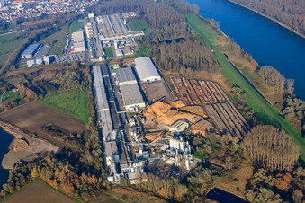 Luftaufnahme von Industriegebiet am Rheinufer mit Rheinspan GmbH & Co. KG, Zimmerei Knaus - Johann Knaus & Viktor Knaus GbR und Express Möbel GmbH & Co. KG in Germersheim im Bundesland Rheinland-Pfalz, Deutschland