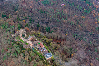 Die vom Wald umgebene Ruine und Mauerreste der ehemaligen Burganlage und Feste Madenburg in Eschbach im Bundesland Rheinland-Pfalz, Deutschland