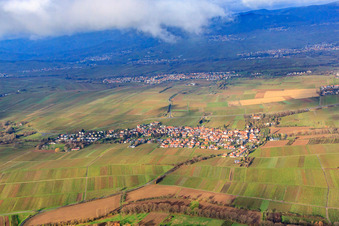 Winzerdorf zwischen kahlen Weinbergen aus Süden im Ortsteil Wollmesheim in Landau in der Pfalz im Bundesland Rheinland-Pfalz, Deutschland