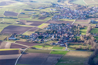Ortsansicht der Straßen und Häuser der Wohngebiete im Ortsteil Ingenheim in Billigheim-Ingenheim im Bundesland Rheinland-Pfalz, Deutschland von oben gesehen