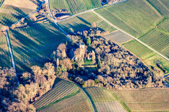 Schrägluftbild von Gebäude und Parkanlagen am Herrenhaus Chateau Saint Paul auf dem Sonnenberg in Wissembourg im Bundesland Bas-Rhin, Frankreich
