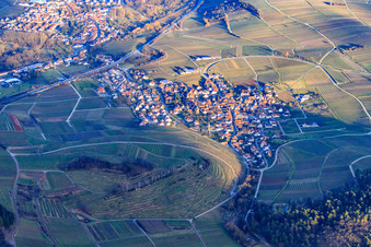 Luftaufnahme von Dorf über der Weinlage Kastanienbusch im Winter von Westen in Birkweiler im Bundesland Rheinland-Pfalz, Deutschland