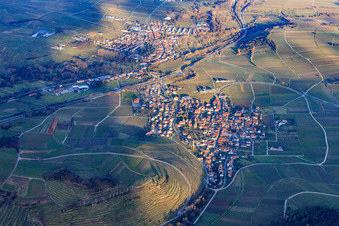 Dorf über der Weinlage Kastanienbusch im Winter von Westen in Birkweiler im Bundesland Rheinland-Pfalz, Deutschland aus der Luft