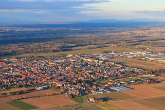 Luftaufnahme von Stadtansicht aus Südwesten im Winter in Offenbach an der Queich im Bundesland Rheinland-Pfalz, Deutschland