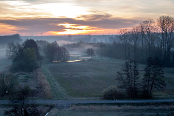 Luftbild von Morgennebel beim Sonnenaufgang über Grasflächen- Strukturen einer Feld- und Wiesen- Landschaft Otterbachtal in Minfeld im Bundesland Rheinland-Pfalz, Deutschland