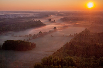 Schrägluftbild von Morgennebel beim Sonnenaufgang über Grasflächen- Strukturen einer Feld- und Wiesen- Landschaft Otterbachtal in Minfeld im Bundesland Rheinland-Pfalz, Deutschland