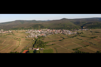 Panorama - Perspektive der Dorf - Ansicht am Rande von Weinbergen am Haardtrand des Pfälzerwaldes von Ortsteil Königsbach in Neustadt an der Weinstraße im Bundesland Rheinland-Pfalz, Deutschland