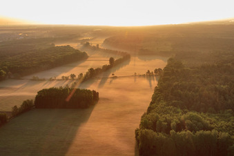 Otterbachniederung im Morgendunst in Kandel im Bundesland Rheinland-Pfalz, Deutschland von oben