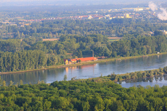 Luftbild von Blick vom Saalbachaltrhein zum Ziegeleimuseum am Rheindamm von Osten in Germersheim im Bundesland Rheinland-Pfalz, Deutschland