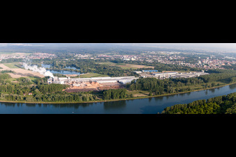 Gebäude und Produktionshallen auf dem Werksgelände Nolte Holzwerkstoff GmbH & Co. KG am Rheinufer in Germersheim im Bundesland Rheinland-Pfalz, Deutschland